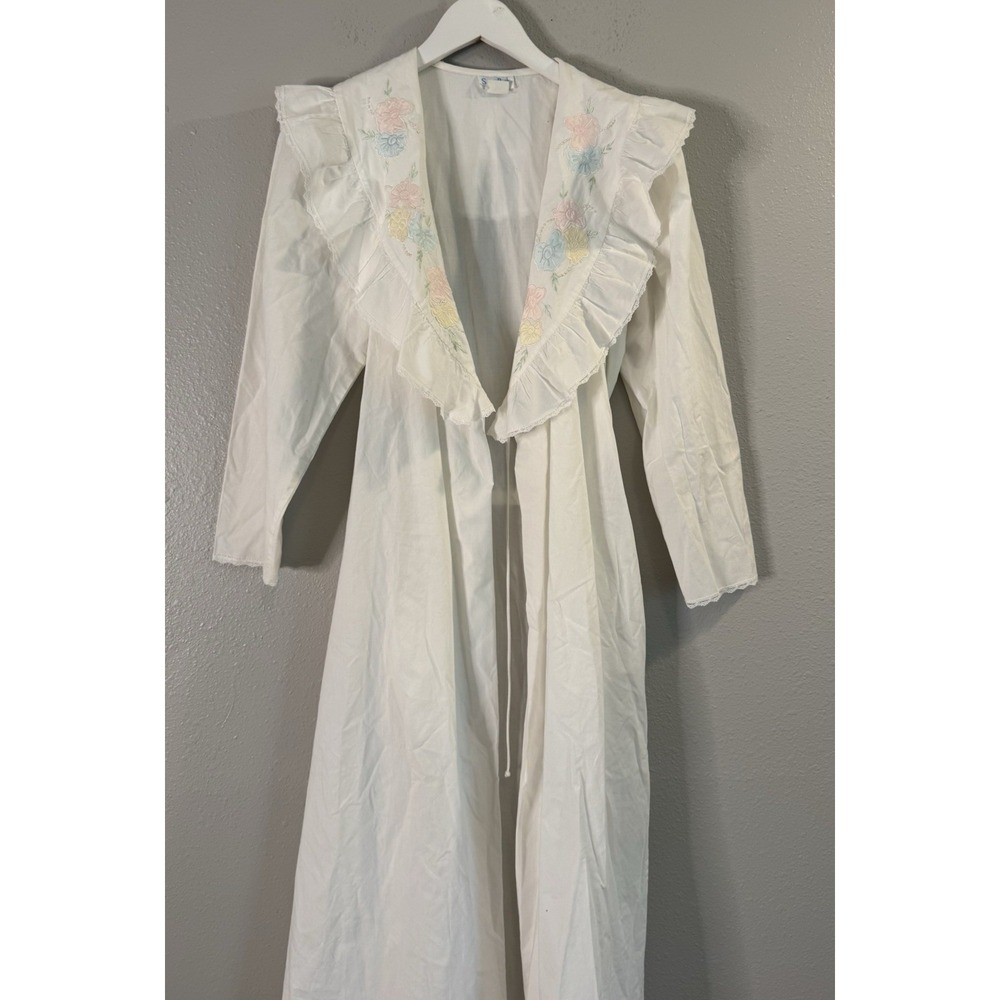 Vintage 80s 90s Romantic Floral Ruffle Robe Pockets Victorian Prairie Bridal S